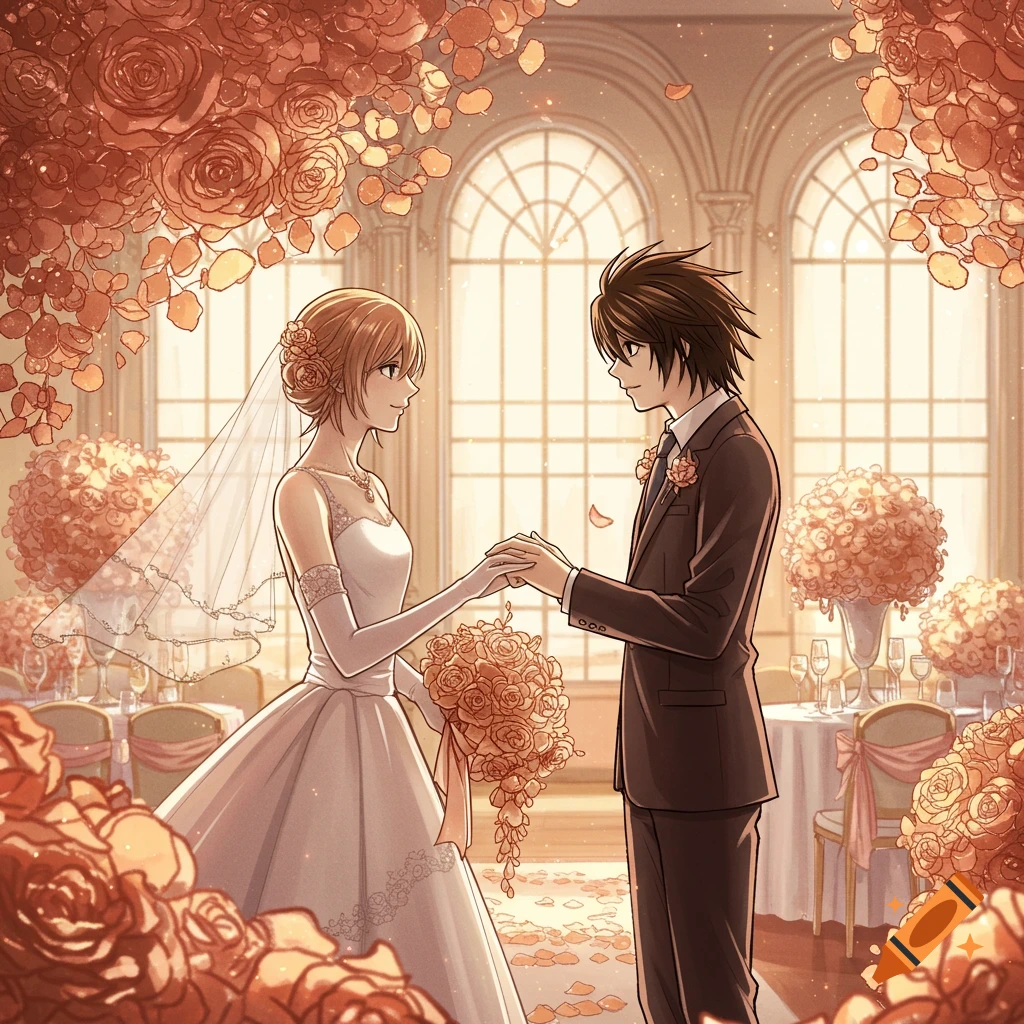 Anime couple in a suit and wedding dress holding hands in a  flower-decorated wedding ceremony. on Craiyon, image size:1024x1024