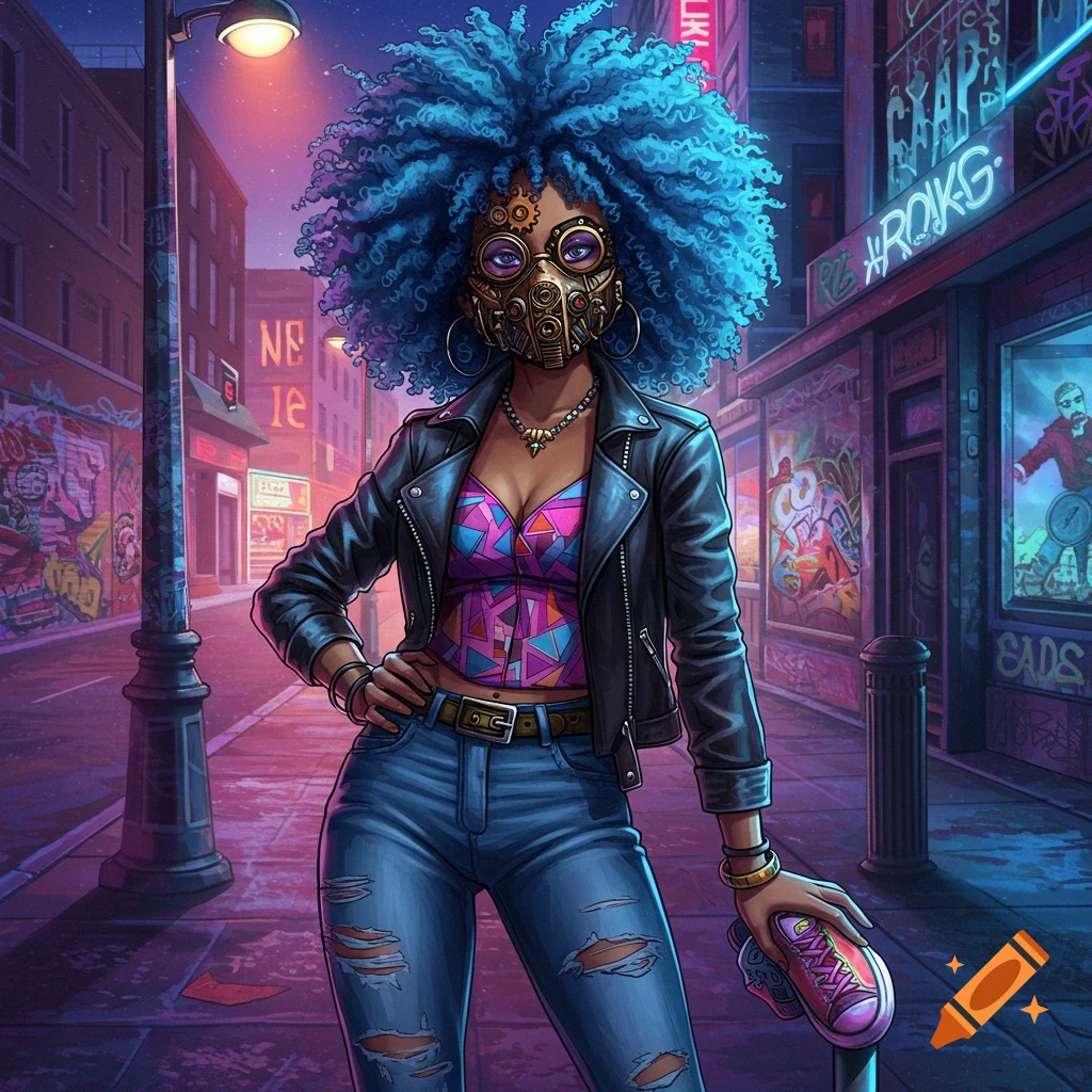A person with blue hair and a steampunk mask stands in an urban street with graffiti, wearing a leather jacket and ripped jeans. The style is reminiscent of afropunk.