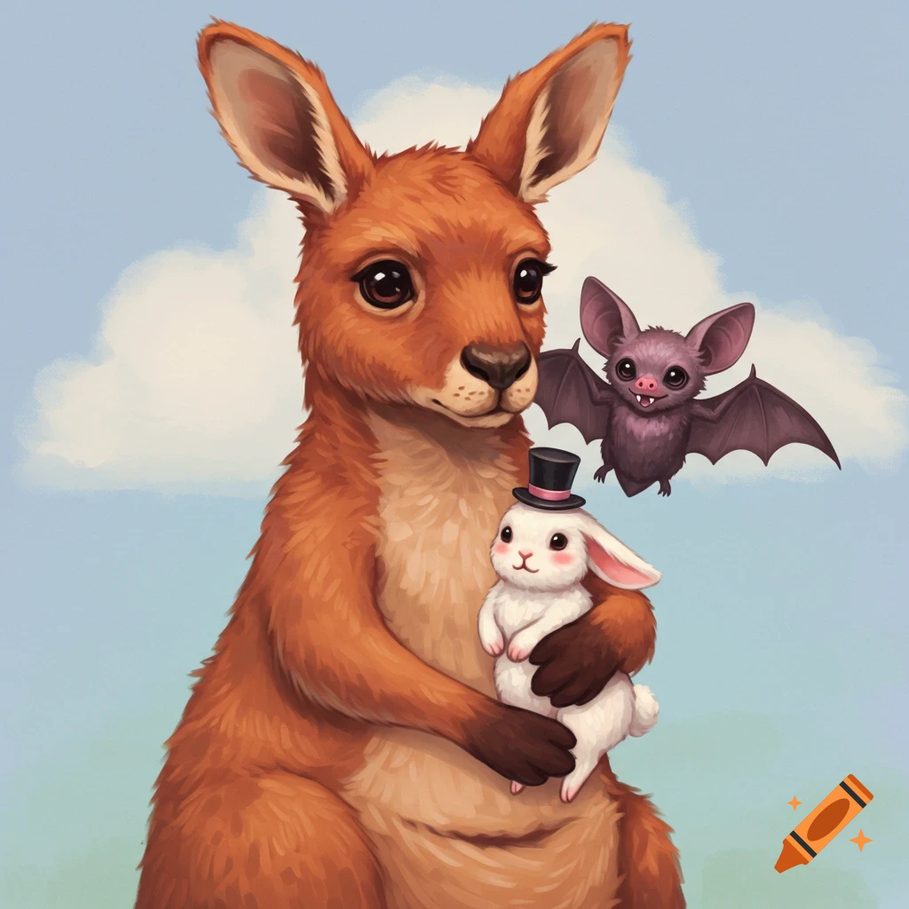 a kangaroo holding a rabbit wearing a top hat, with a bat flying nearby.