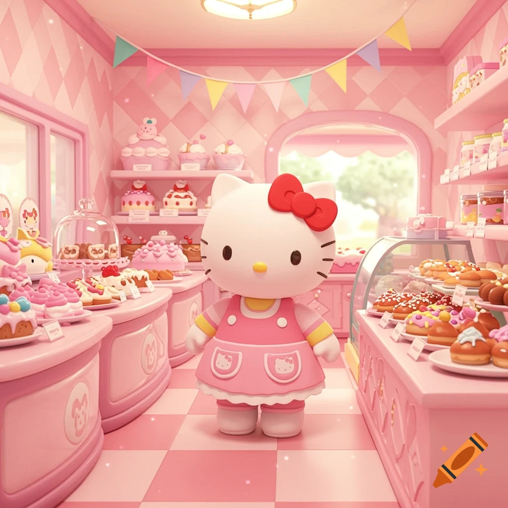 Hello Kitty in a pink cartoon bakery surrounded by colorful treats.