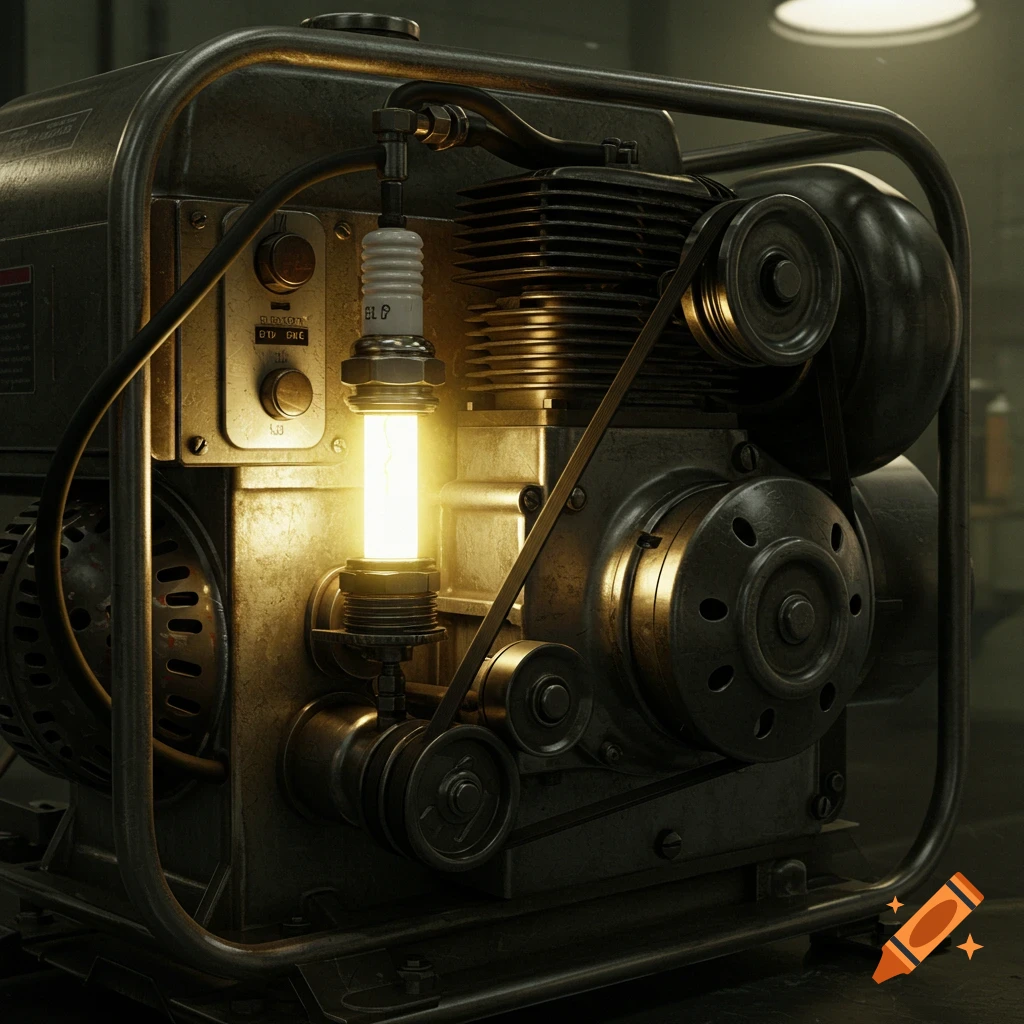 A detailed generator with a glowing spark plug attached.