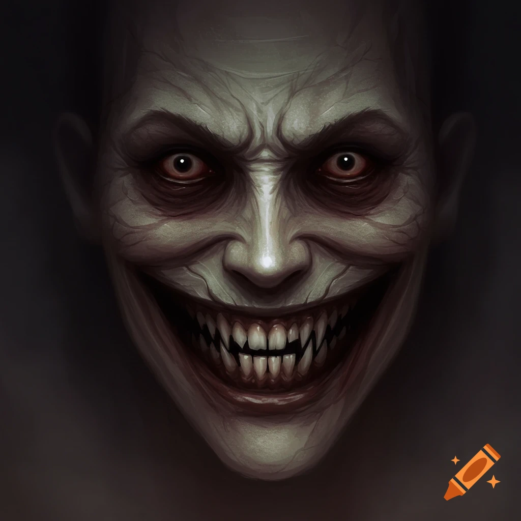 A creepy face with sharp teeth and red eyes
