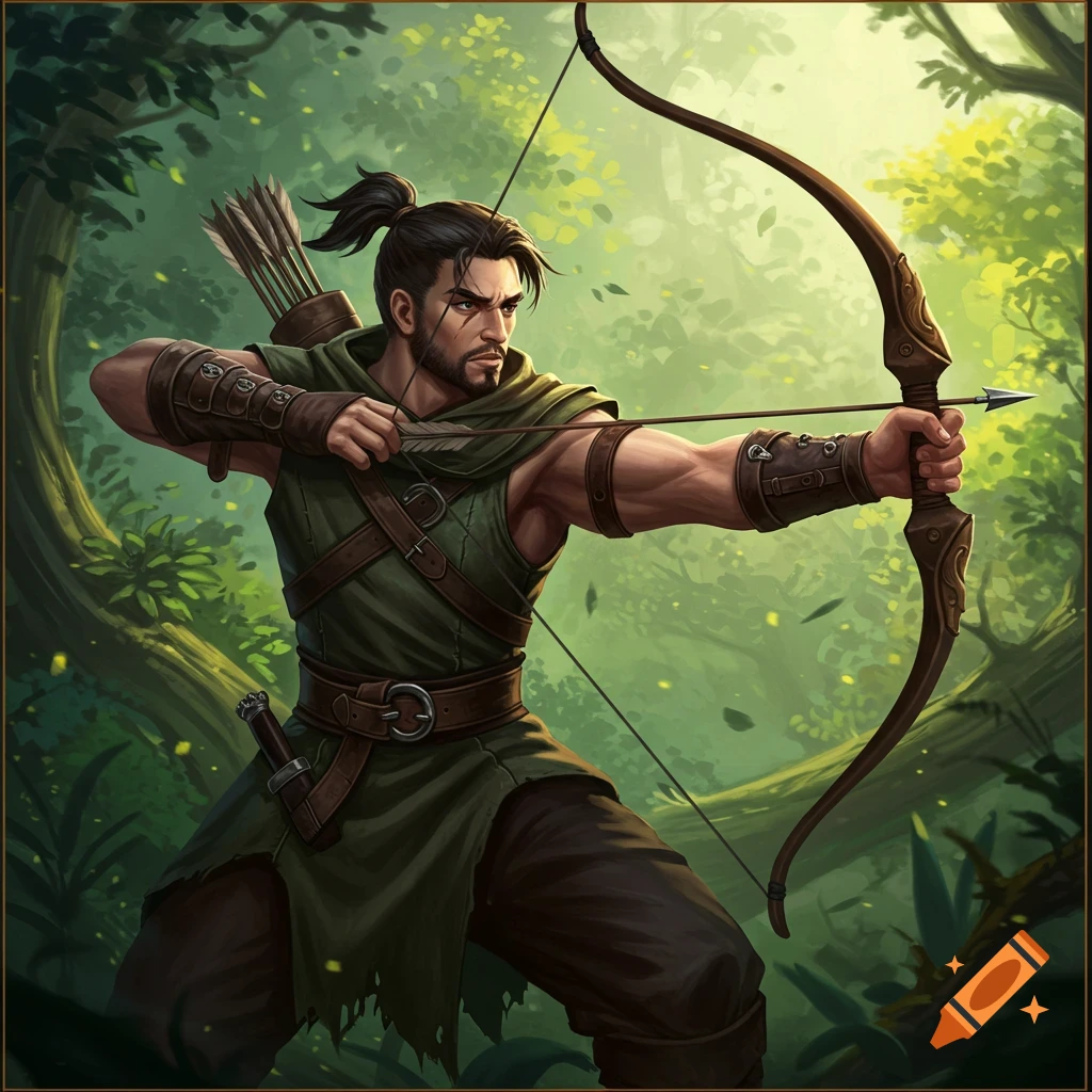 A male archer drawing his bow in a forest