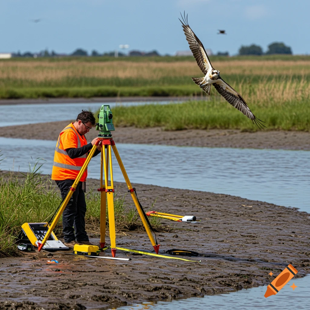 A surveyor works with equipment by a river as an osprey flies overhead.