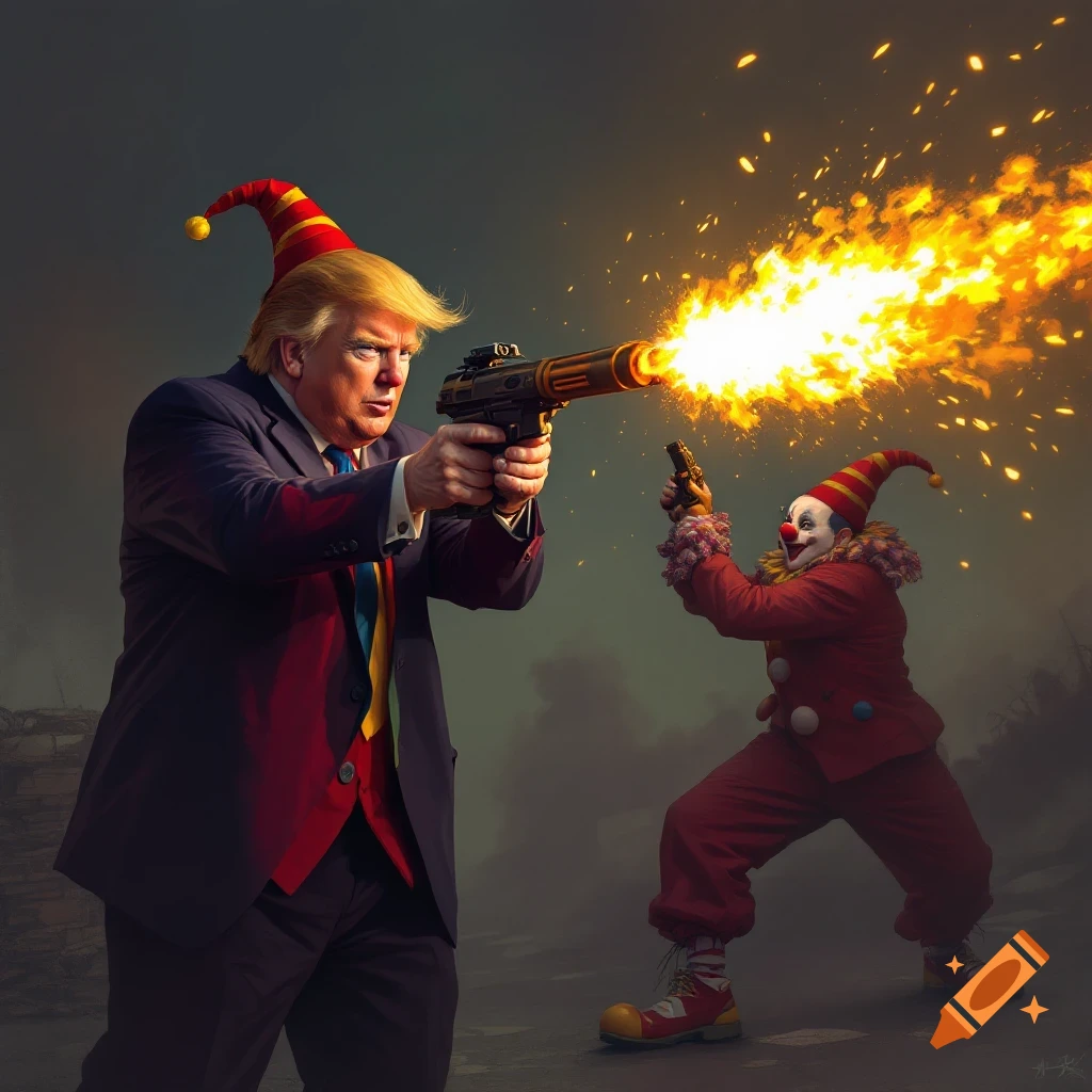 Two figures dressed as clowns shooting weapons, one resembling Donald Trump.