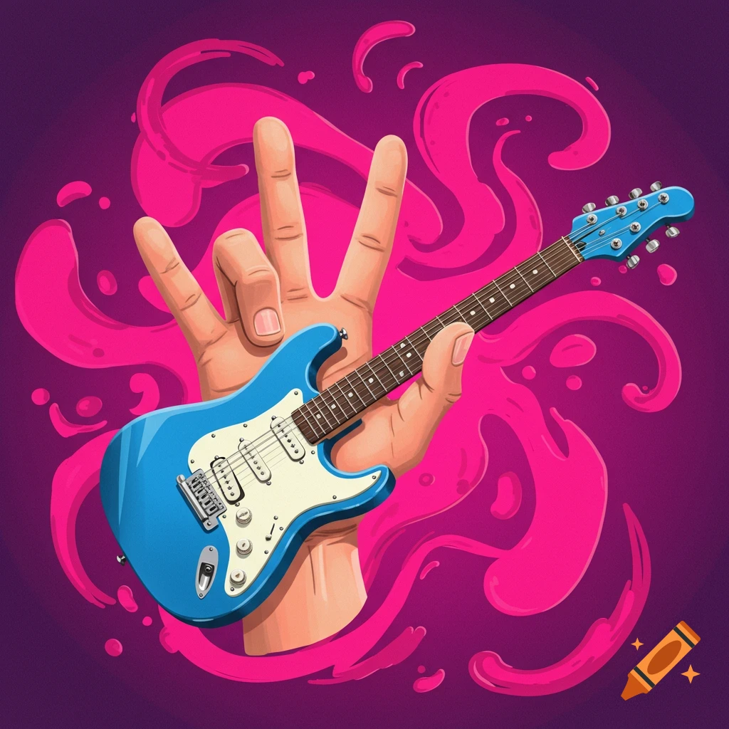 Digital illustration of a hand making a peace sign while holding a blue electric guitar, with swirling pink shapes in the background.