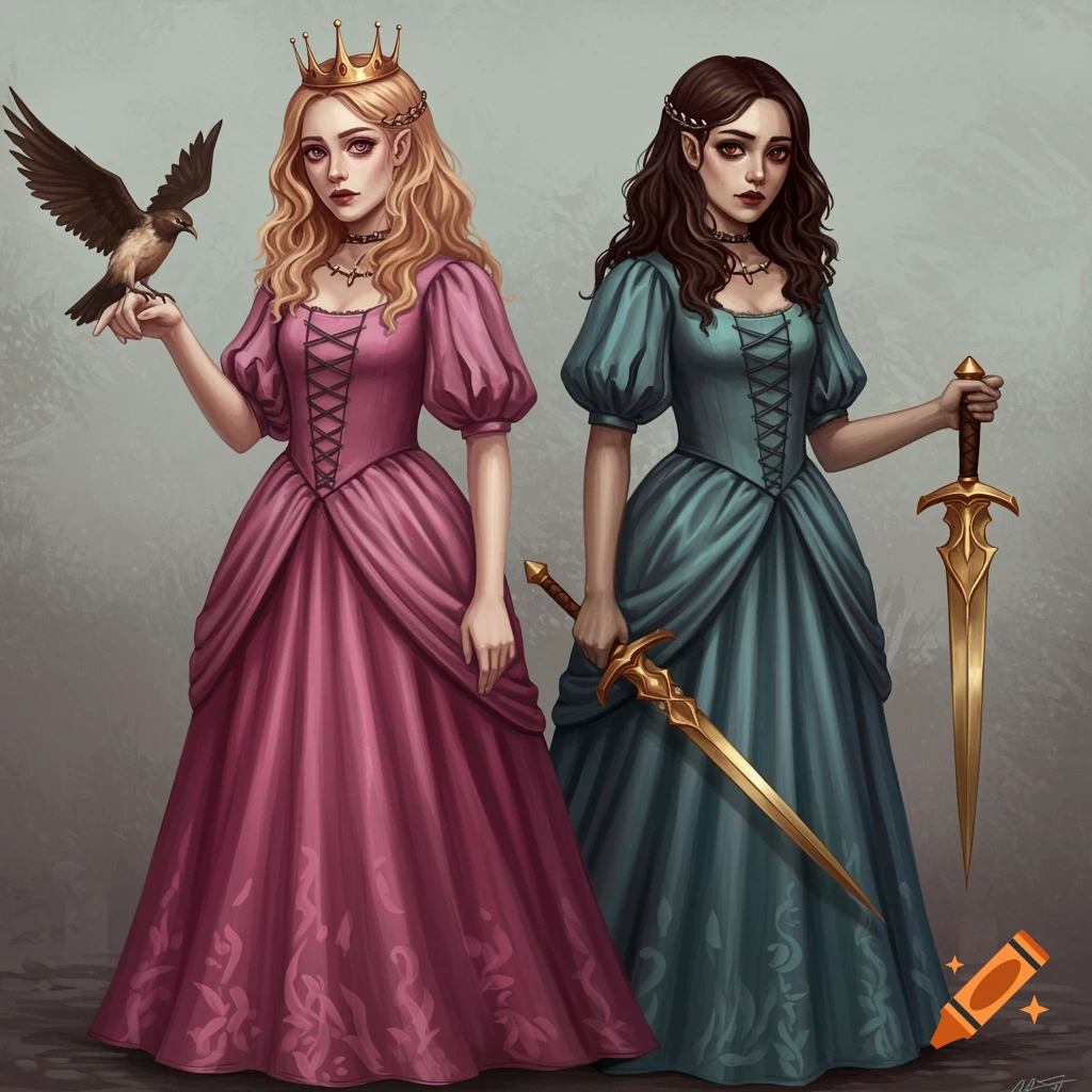 Two women are depicted in fantasy gowns, one holding a bird, and the other with swords.