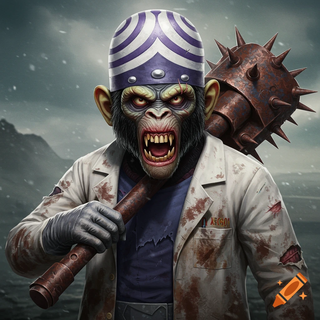 A monstrous ape character resembling Mojo Jojo wearing a torn lab coat and holding a large spiked club.