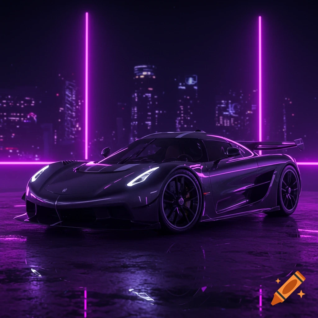 Koenigsegg Jesko car in a dark city with purple neon lights.