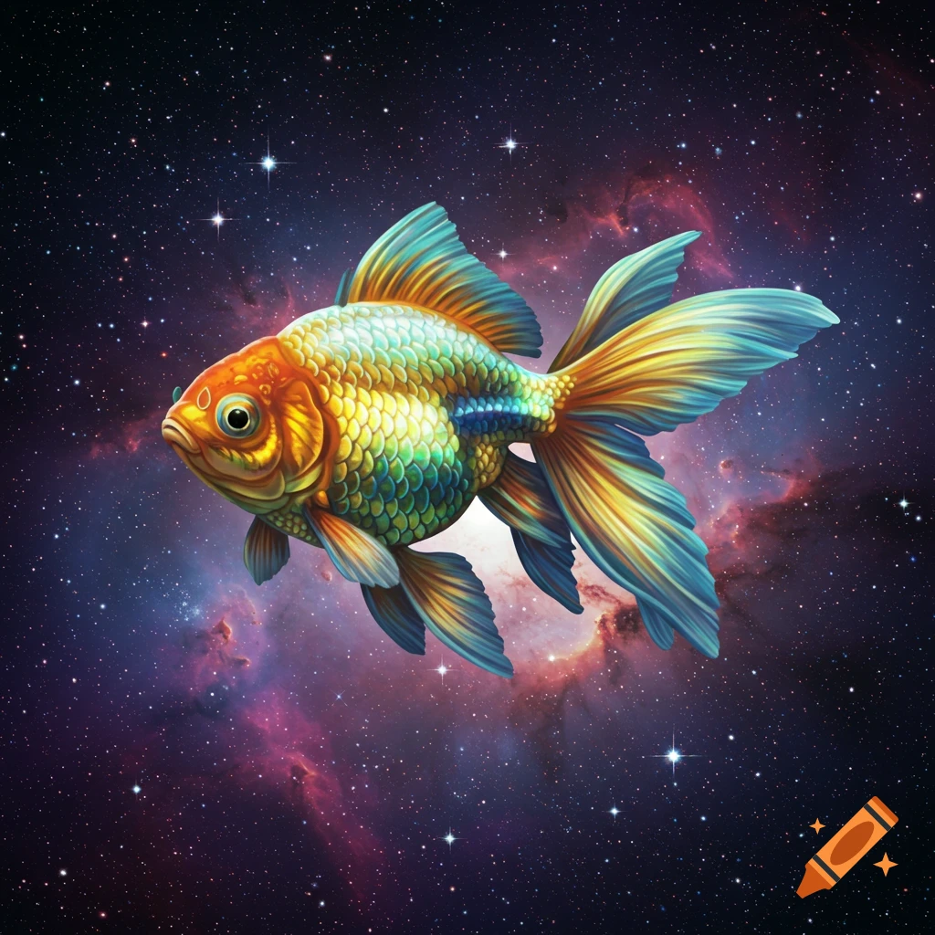 Colorful goldfish swimming through a starry galaxy