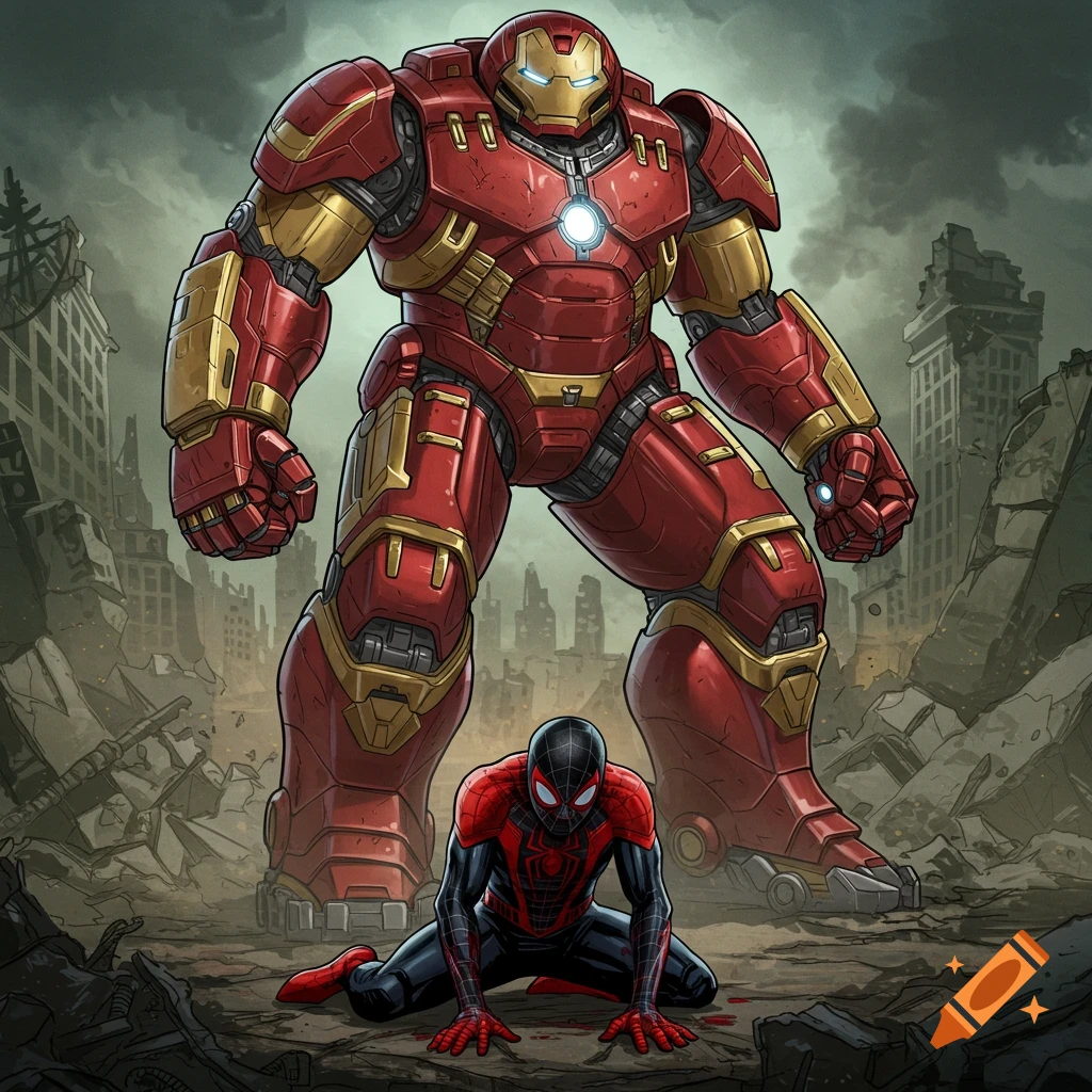 Iron Man Hulkbuster stands over a kneeling Miles Morales Spider-Man in a ruined city.