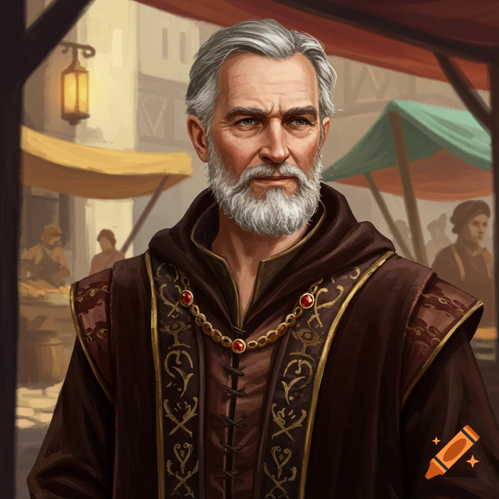 An older man with a white beard wears a hooded robe in a bustling marketplace.