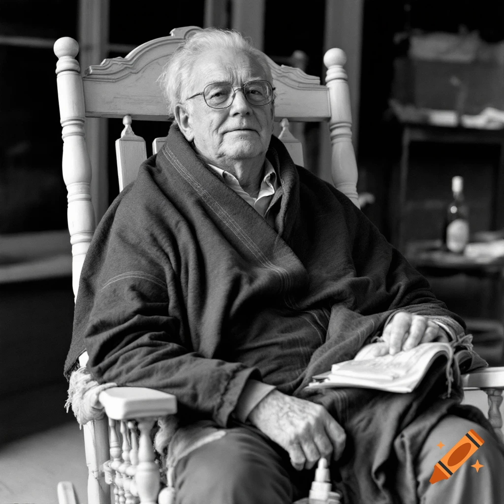 Black and white photo of an elderly man sitting in a rocking chair, wrapped in a blanket, holding a book.