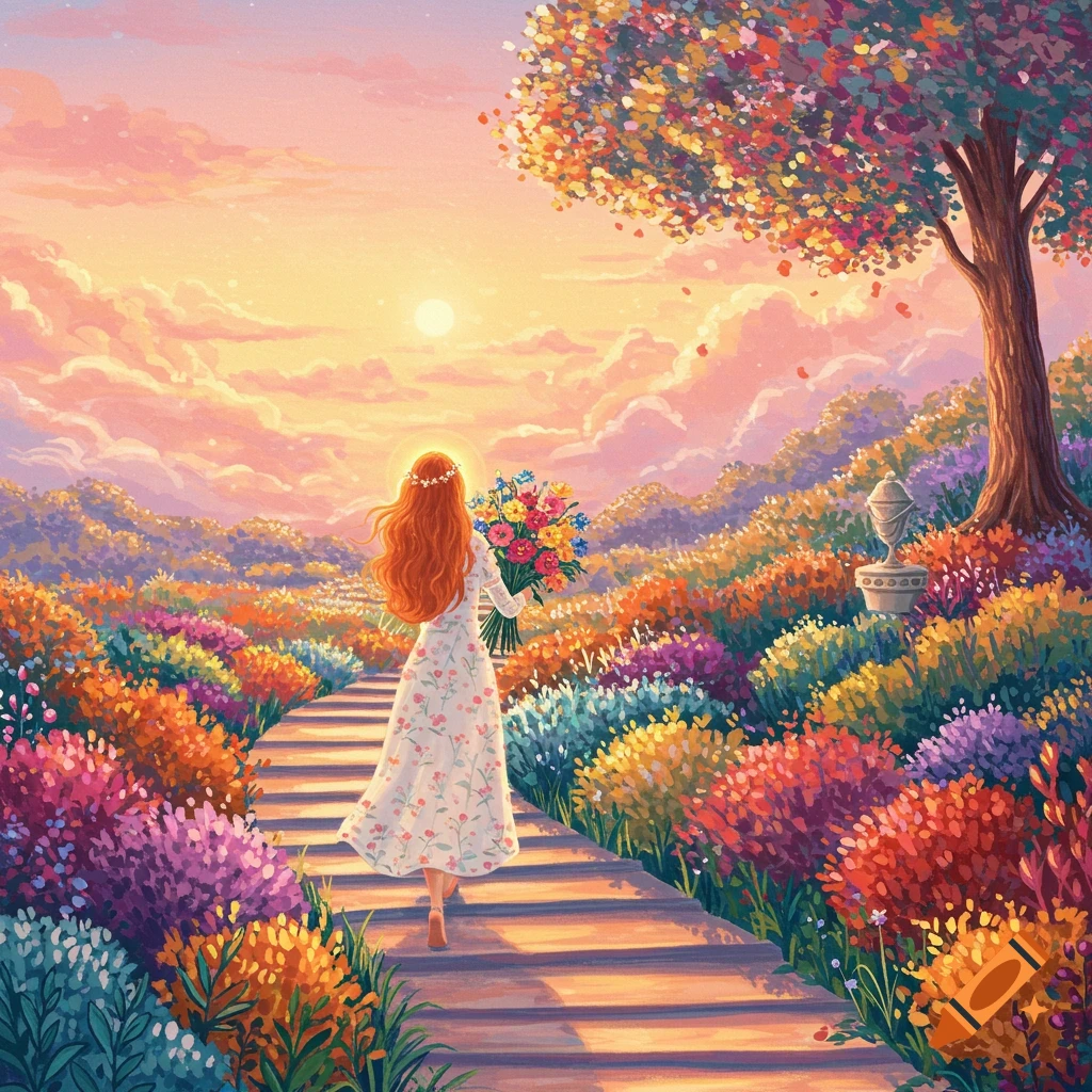 A woman walks up steps in a vibrant fantasy garden at sunset, holding a bouquet of flowers.