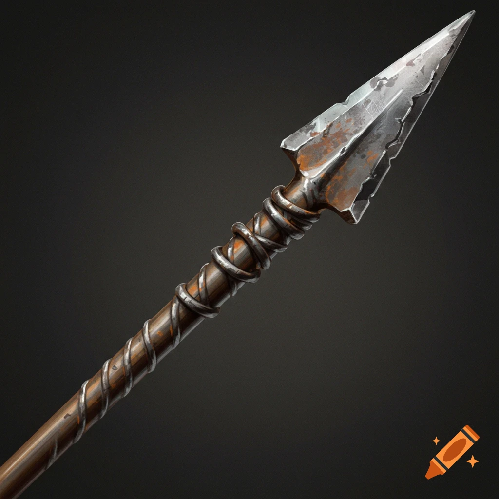 A close-up of a weathered spearhead with rusted metal and coiled wrapping.