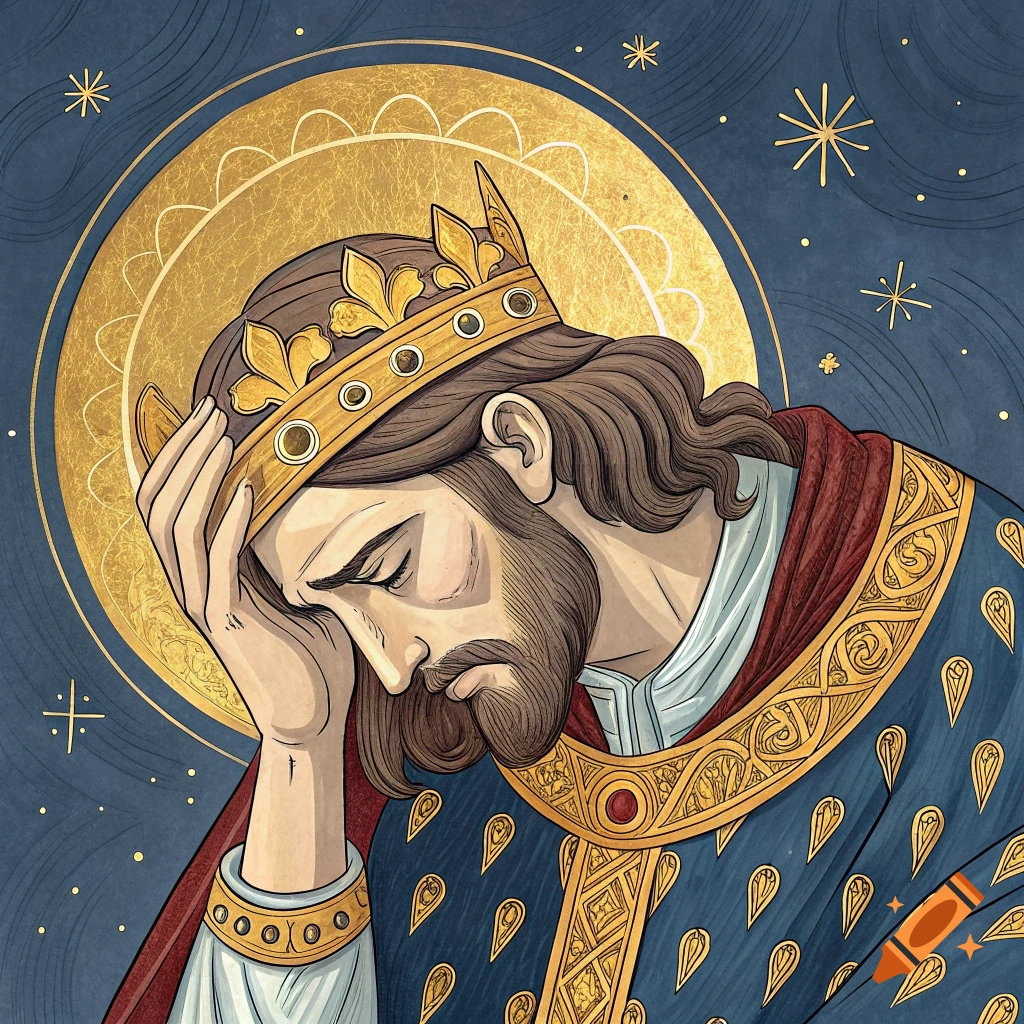 Byzantine icon of a king holding his head, with a gold halo and stars