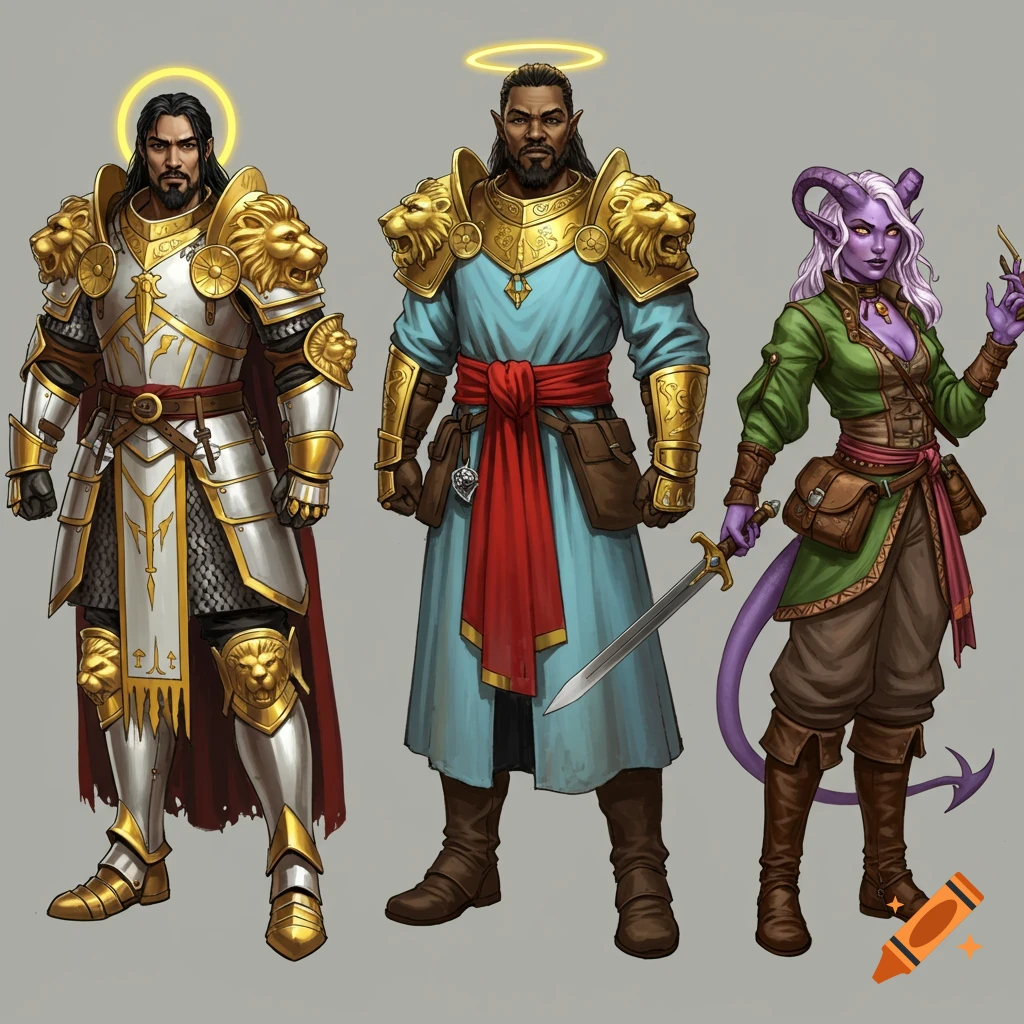 Three fantasy characters: a paladin in white and gold armor, a warlock in blue, and a purple tiefling.