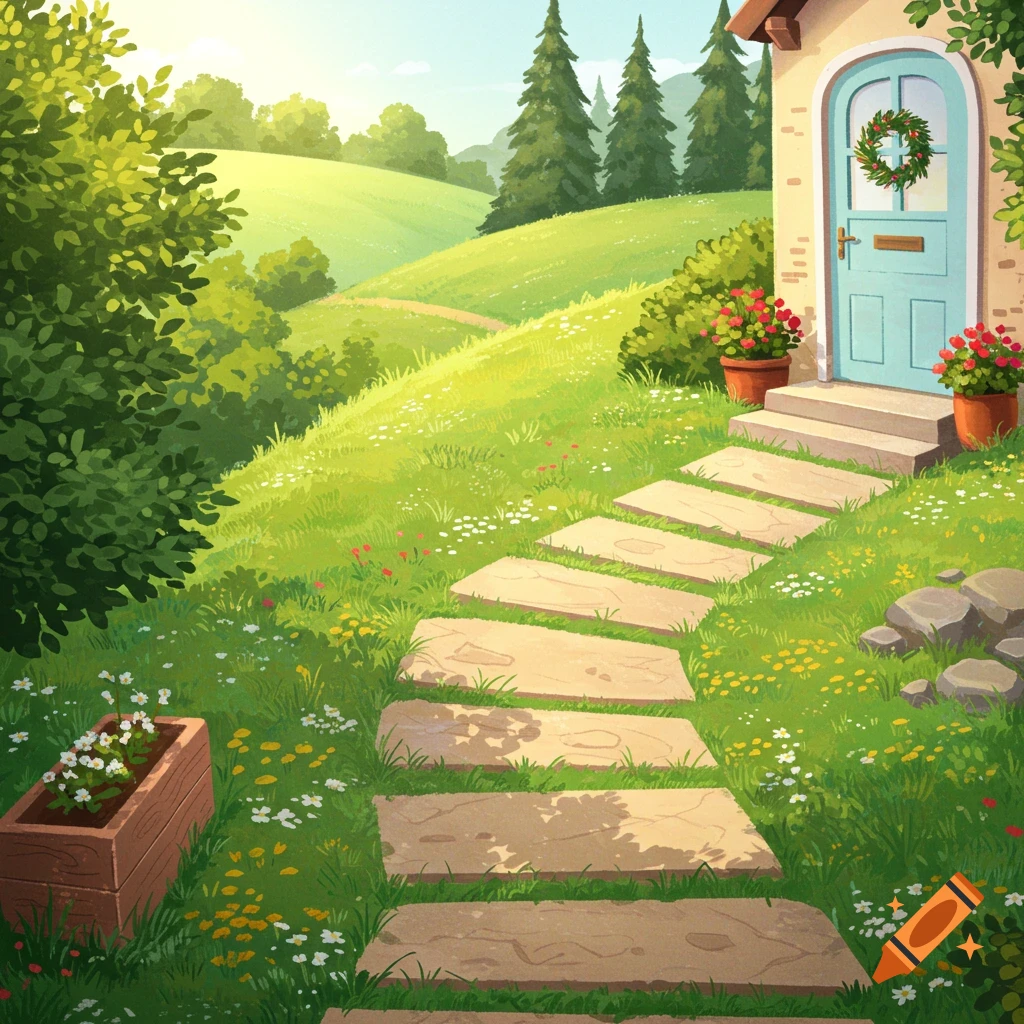 A stone pathway winds up a grassy hill towards a house with a blue door.