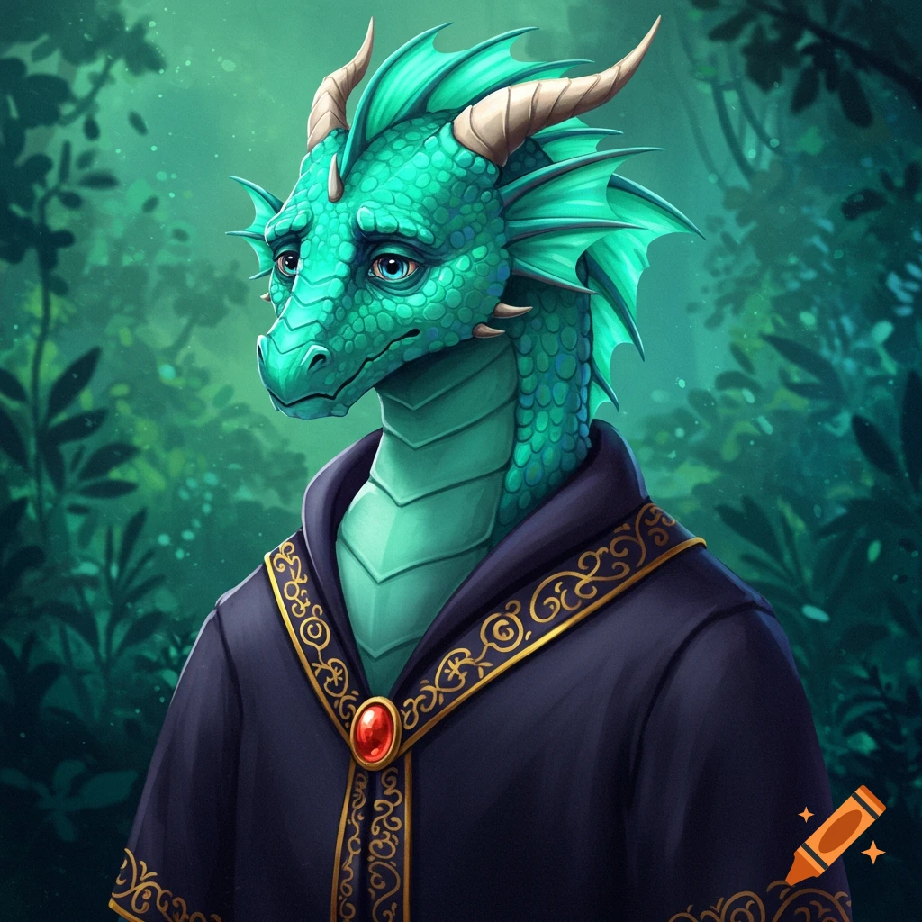 A teal dragon in a robe looks sad in a forest.