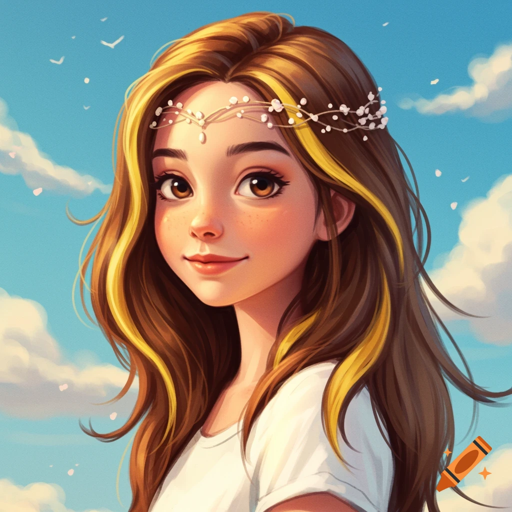 Portrait of a young girl with brown hair, blonde highlights, floral headpiece, and freckles under a cloudy sky.
