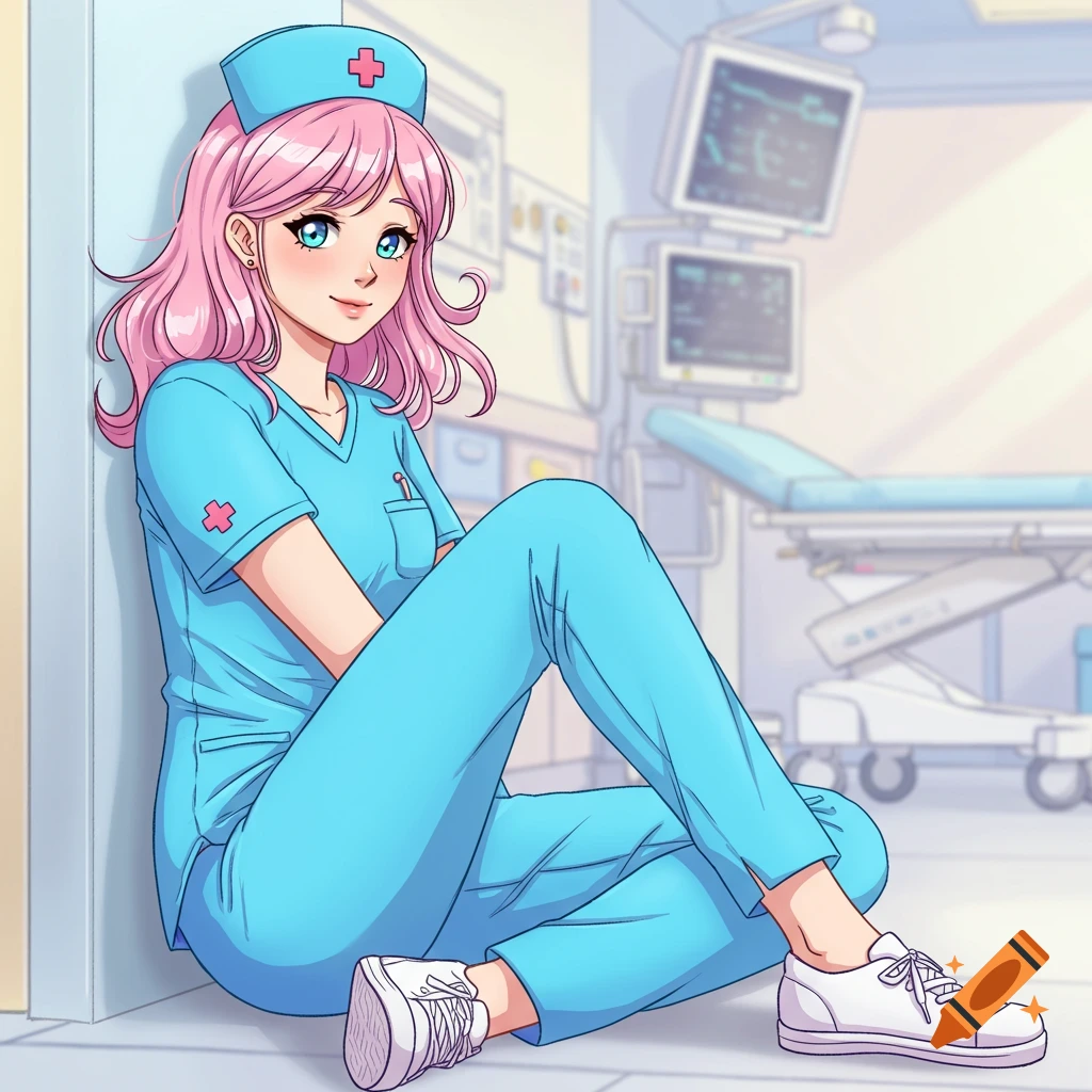 Anime style illustration of a pink-haired nurse in blue scrubs sitting on the floor in a hospital room.