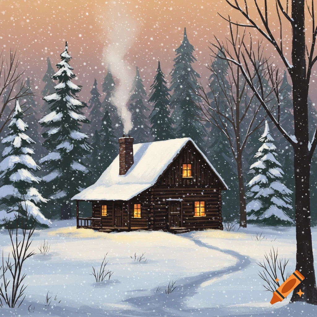 A cozy cabin in a snowy winter forest with smoke from the chimney.