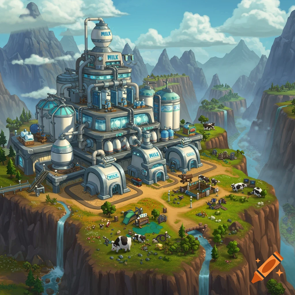 A stylized dairy factory and farm complex sits atop a plateau in a mountainous valley with waterfalls and cows.