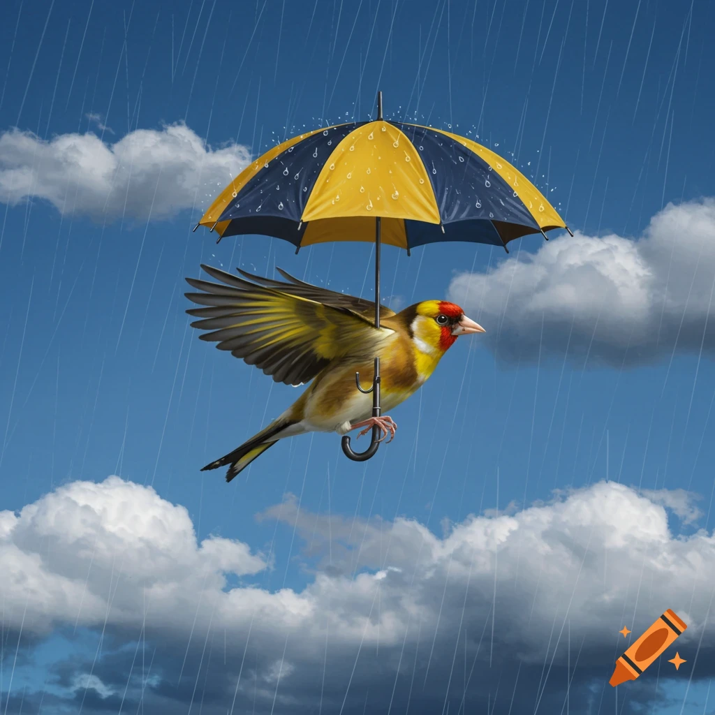 A goldfinch bird flies in the rain holding a small umbrella against a cloudy, blue sky.
