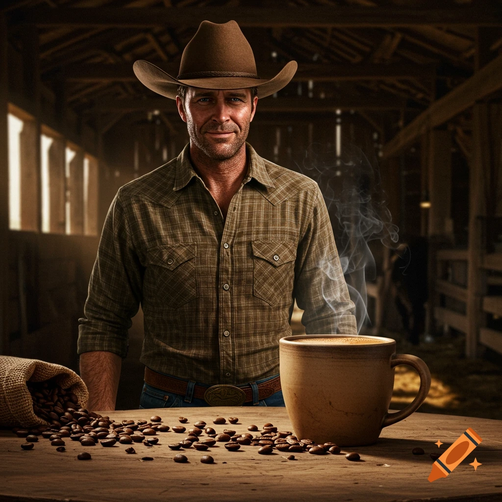 A photorealistic image of a cowboy in a barn with coffee beans and a steaming mug.