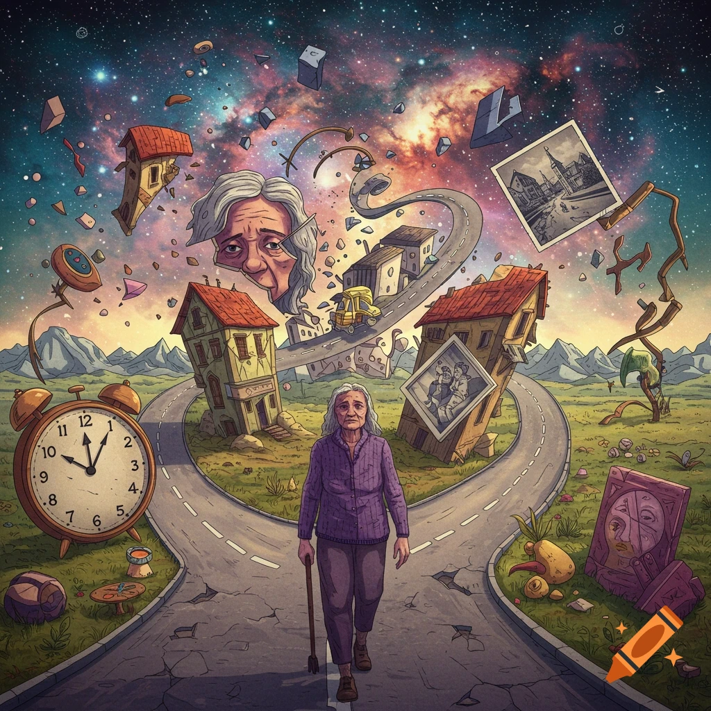 Surreal depiction of dementia: An old woman walks a fragmented road surrounded by floating houses, photos, and a large clock under a cosmic sky.