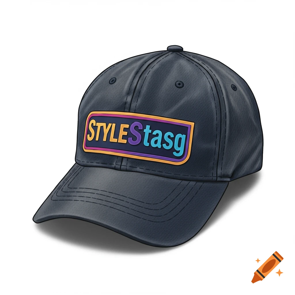 A dark baseball hat with a rectangular logo patch.
