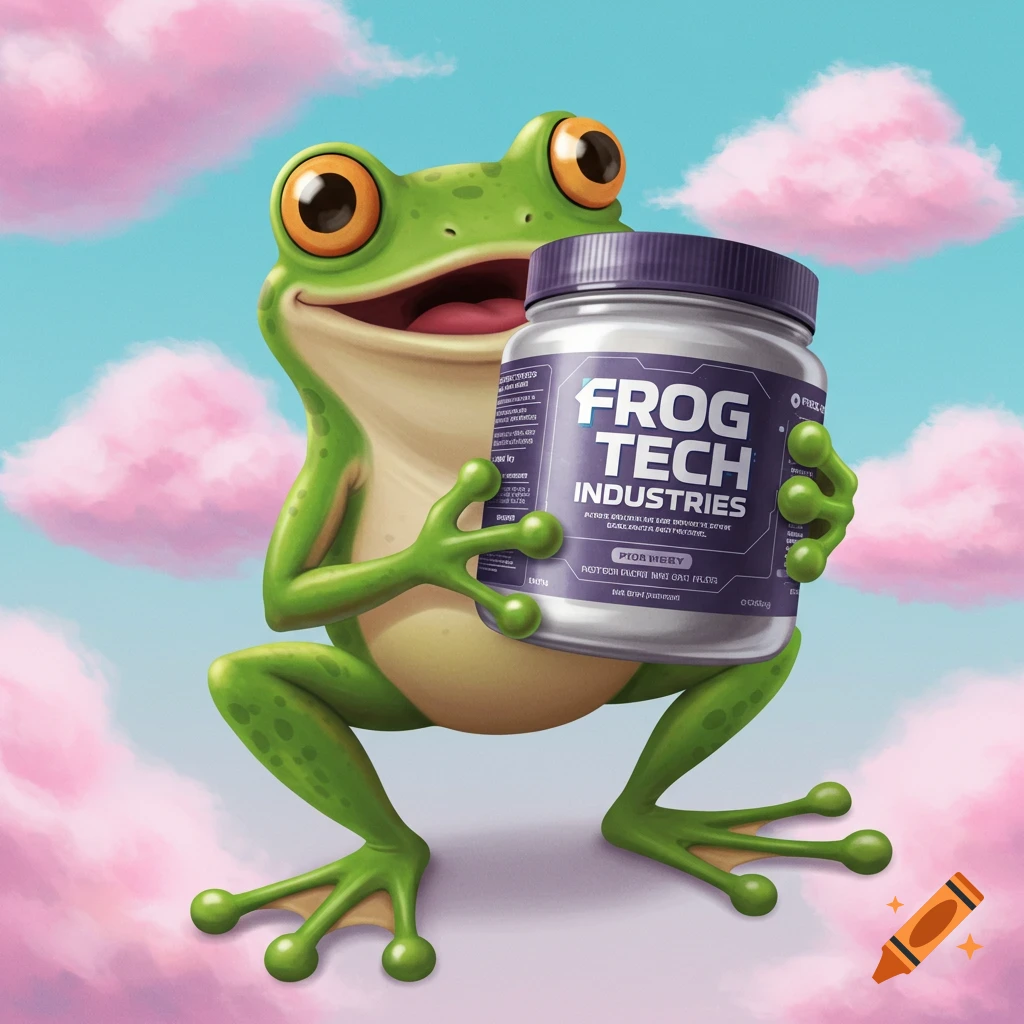 Cartoon frog holding a protein powder container labeled 'FROG TECH INDUSTRIES' in the sky with pink clouds.