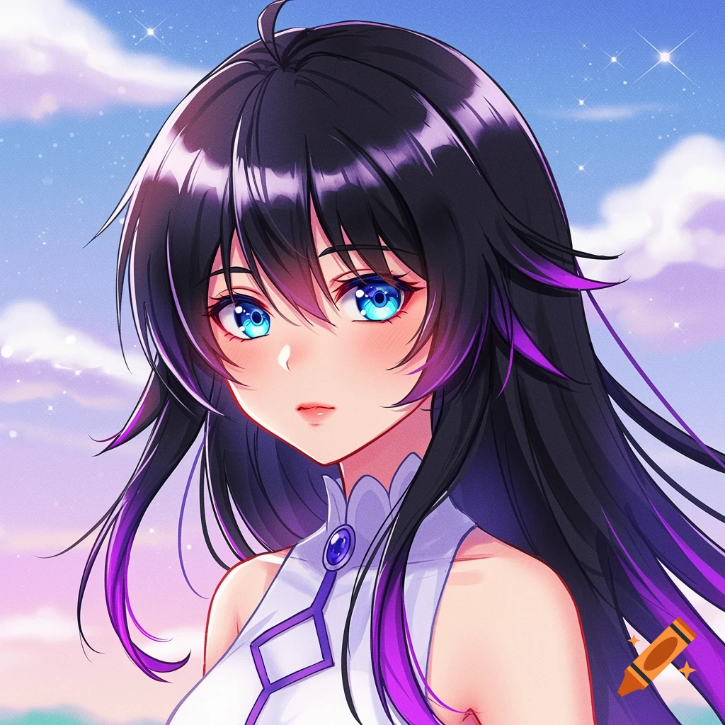 Anime girl with black and purple hair, blue eyes, white dress against pastel sky.