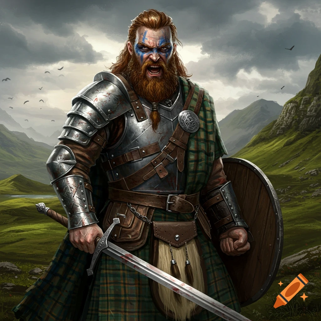 An angry Scottish warrior in armor and kilt holding a sword and shield in a mountainous landscape.