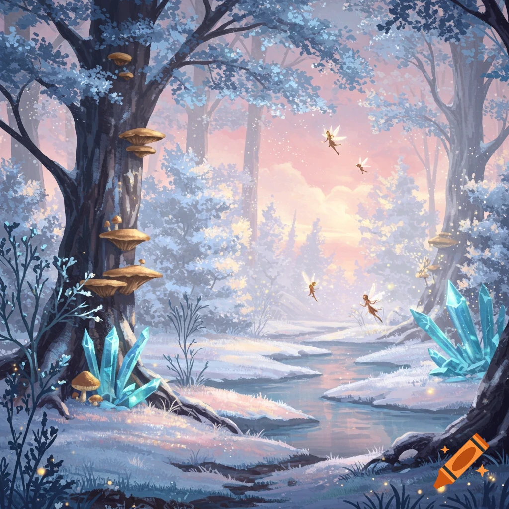 Fantasy winter forest with fairies flying over a stream and large blue crystals.