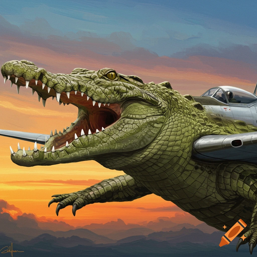 A giant crocodile head and claws are attached to a jet plane flying over mountains at sunset.