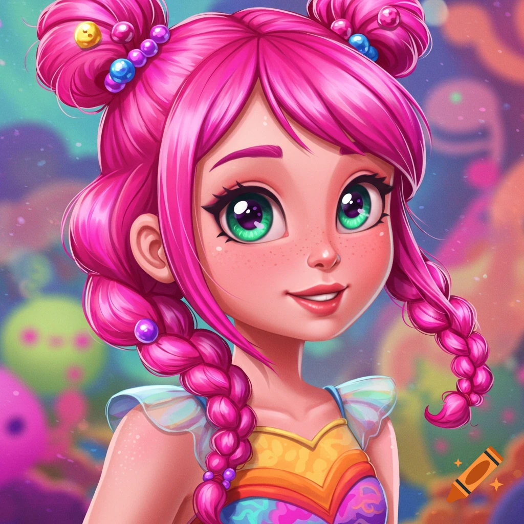 A cartoon girl with pink hair and green eyes