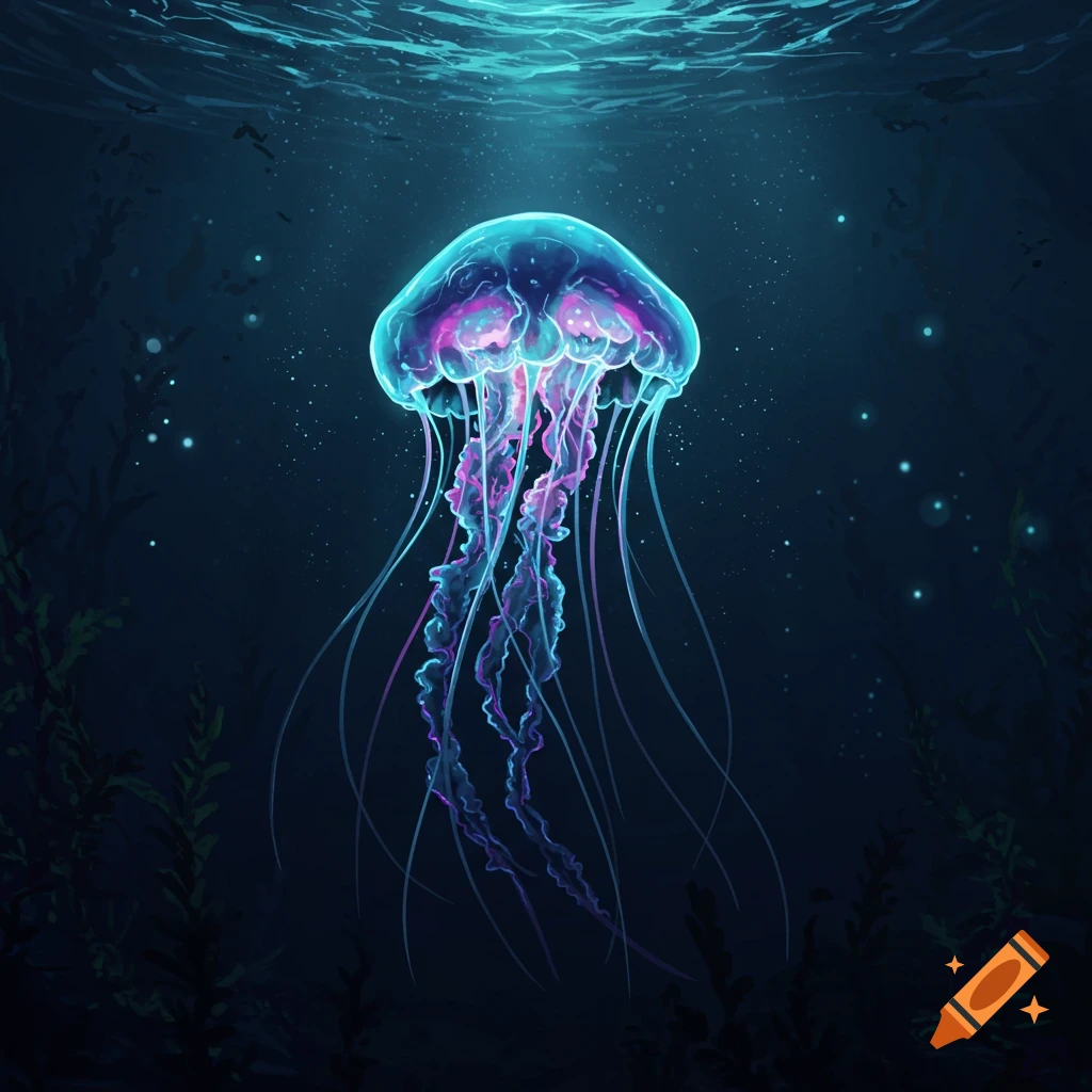 A brightly glowing jellyfish with purple and blue tendrils floats in dark underwater.