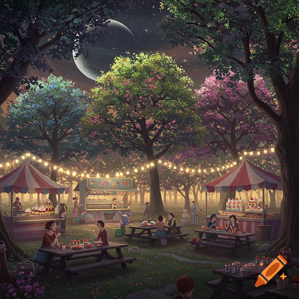 Night scene of a park with food stands, picnic tables, people eating, string lights, and a large moon