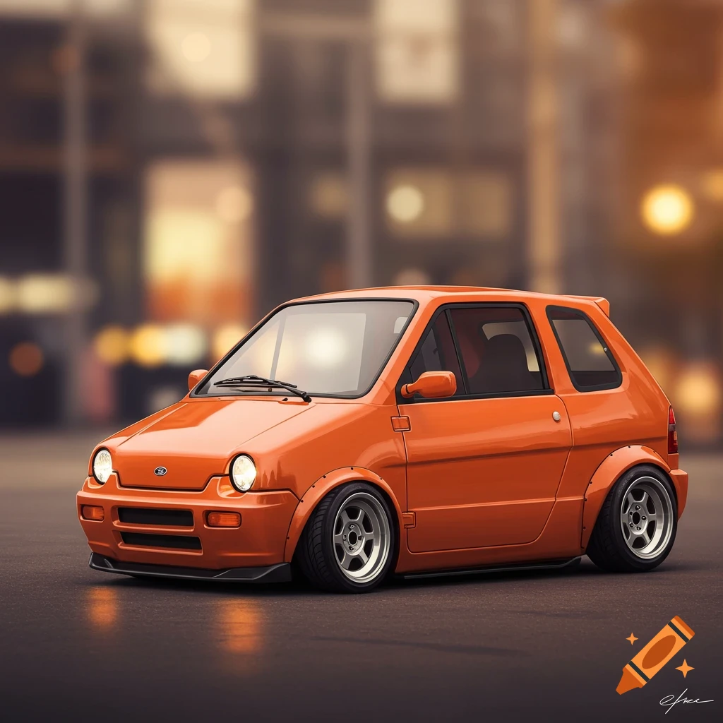A slammed orange Kei car is parked on a street at dusk.