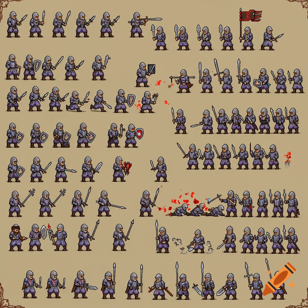 Pixel art sprites of fantasy soldiers in various poses and combat.