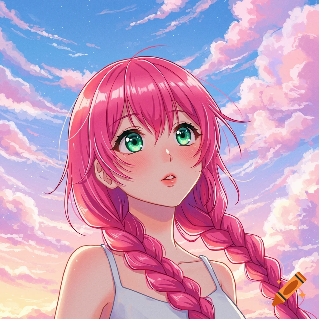 Anime girl with pink braided hair looking up at cloudy sky