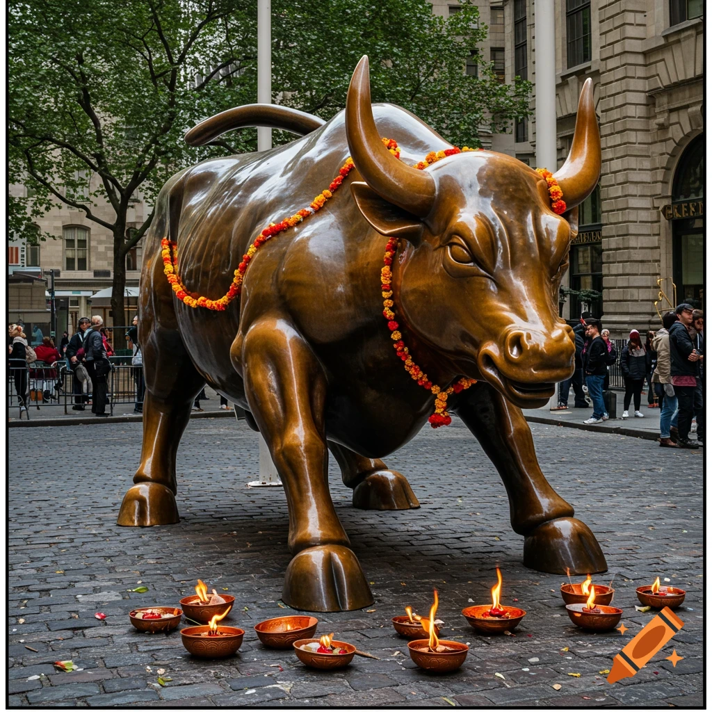 Bronze Wall Street bull sculpture decorated with flower garlands and surrounded by lit oil lamps