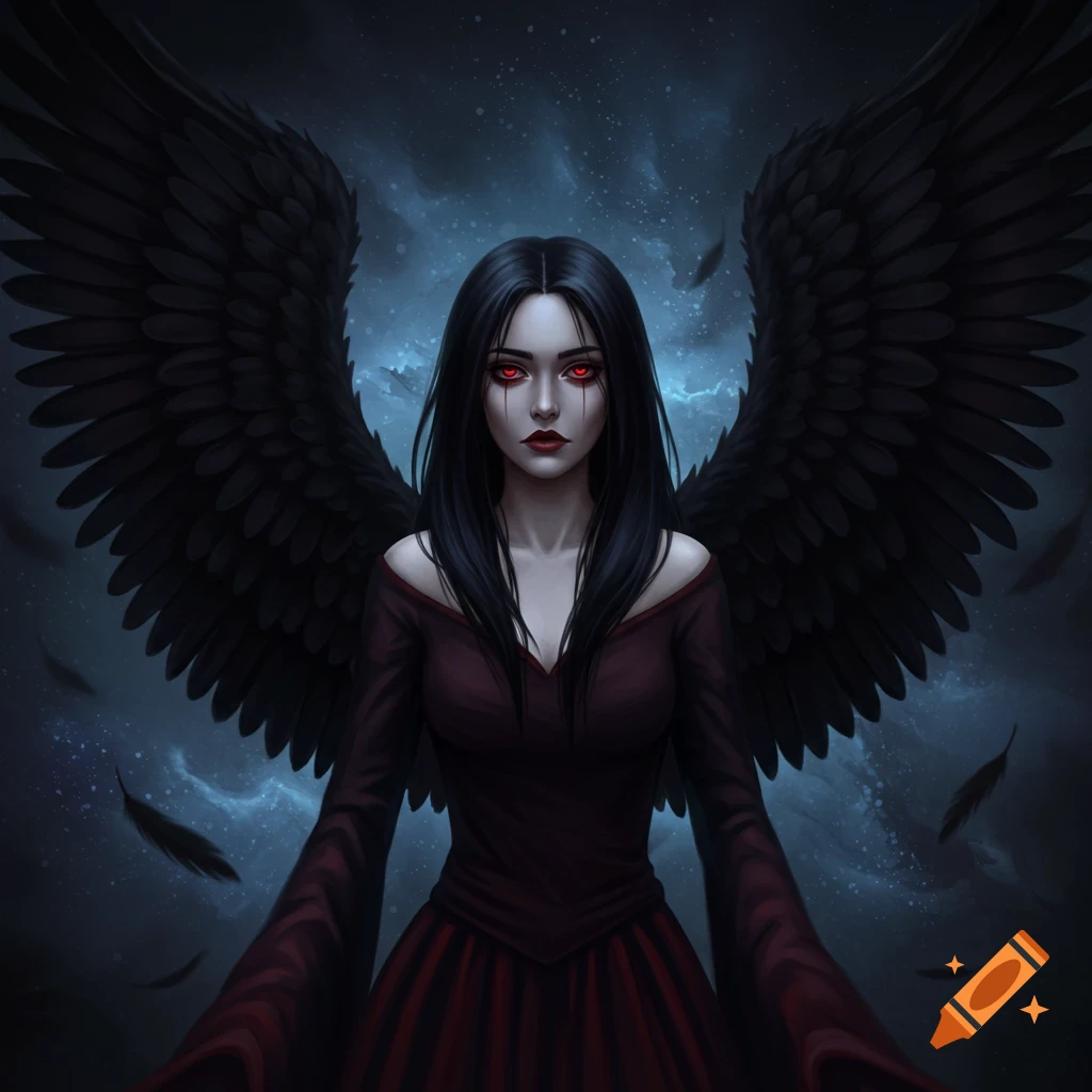 A woman with black wings and red eyes