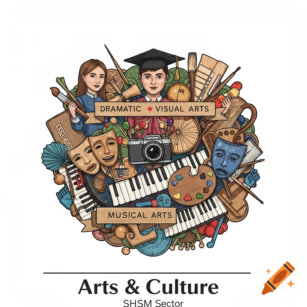 Illustration of arts and culture elements including masks, camera, piano, paint palette, students, and text.