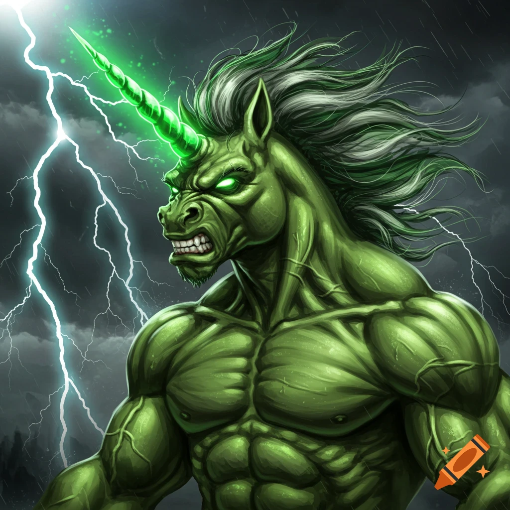 A green muscular unicorn-like creature with glowing eyes and horn stands in a thunderstorm with lightning.