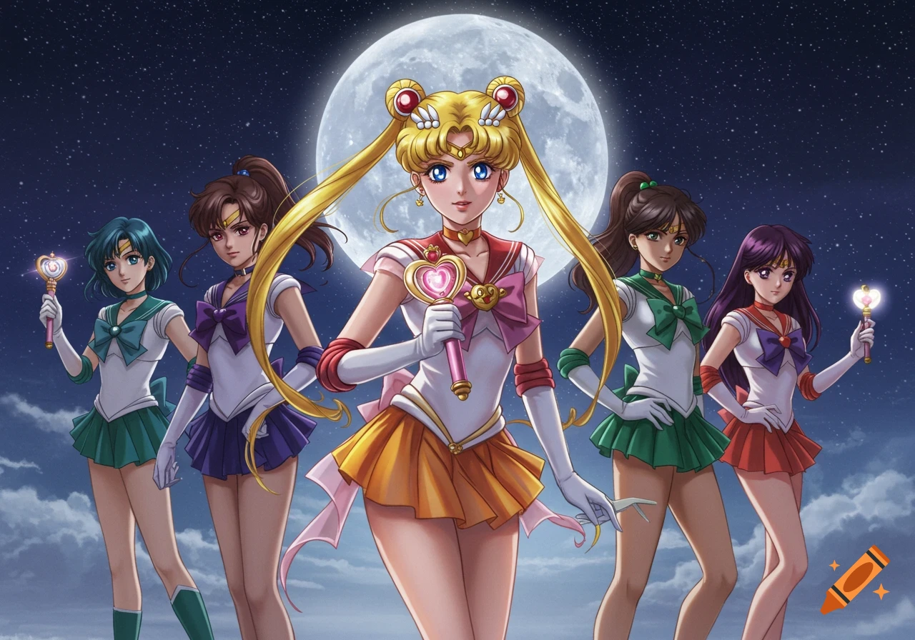 Five anime characters in Sailor Guardian uniforms stand under a full moon and stars.