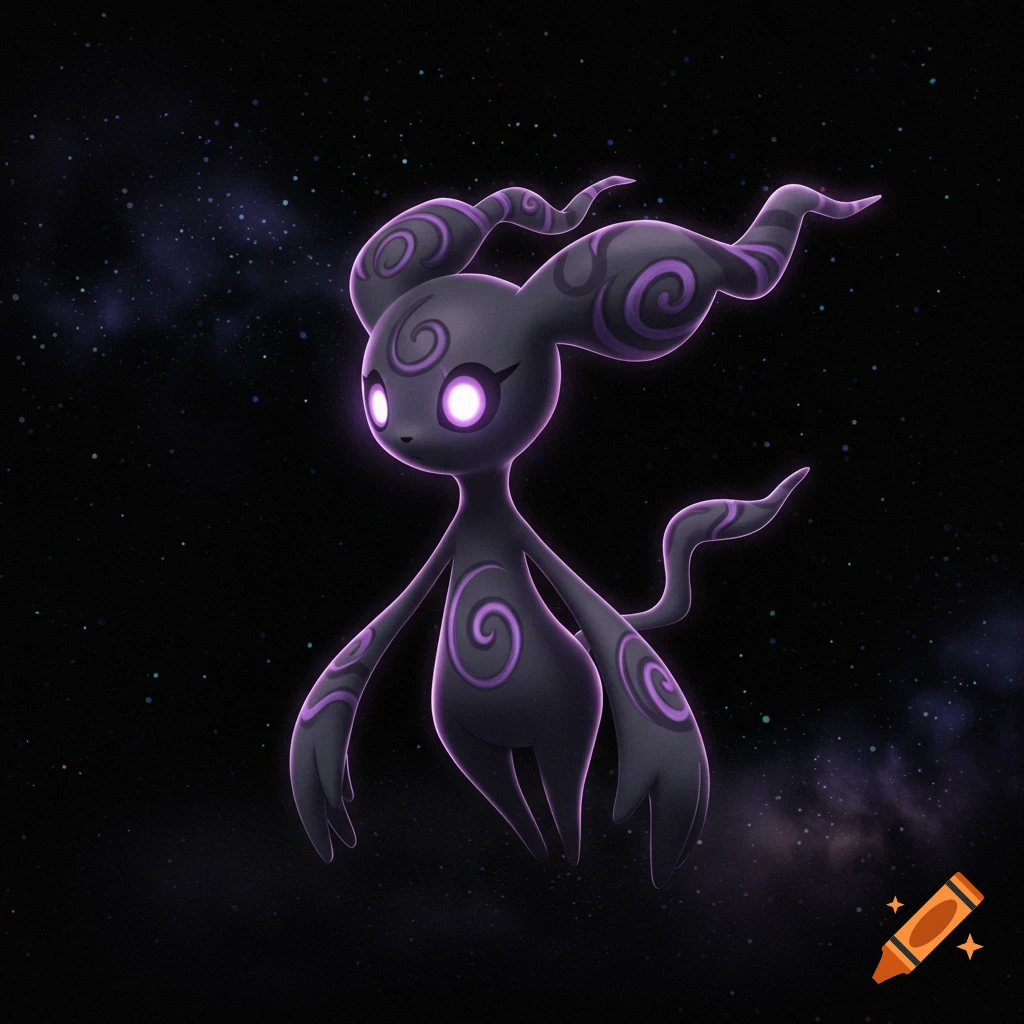Dark creature with glowing purple eyes and swirling patterns floats in space