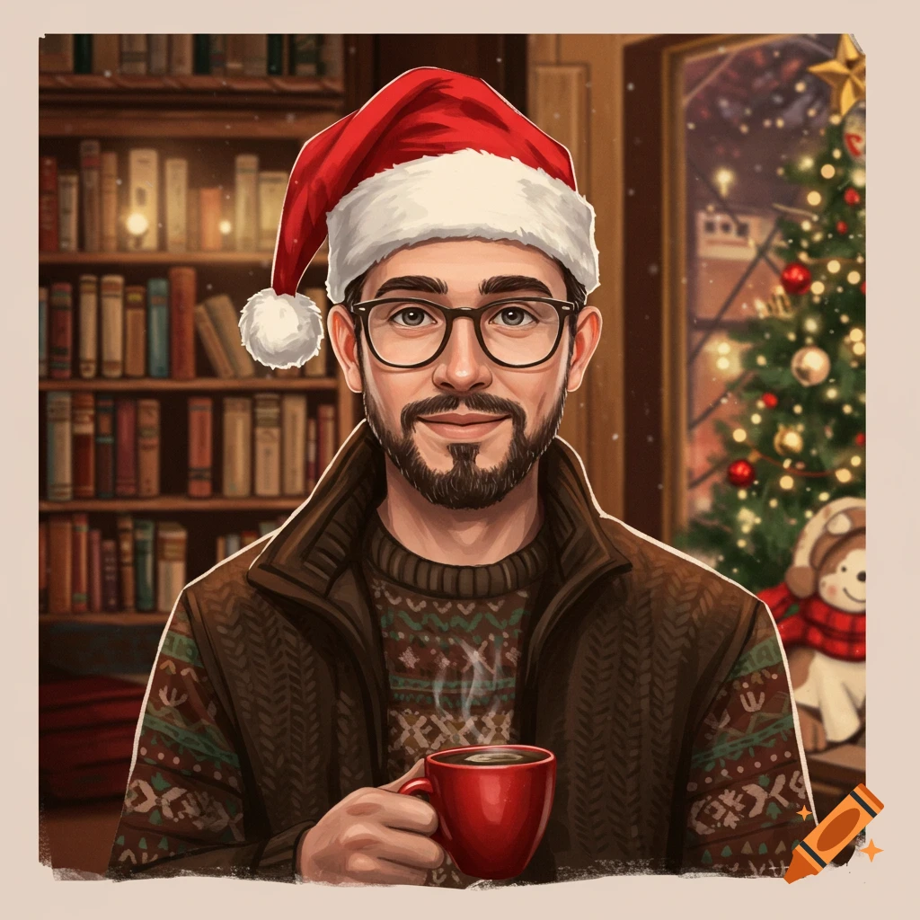 A man in a Santa hat and glasses is holding coffee in a cozy room with bookshelves and a Christmas tree.