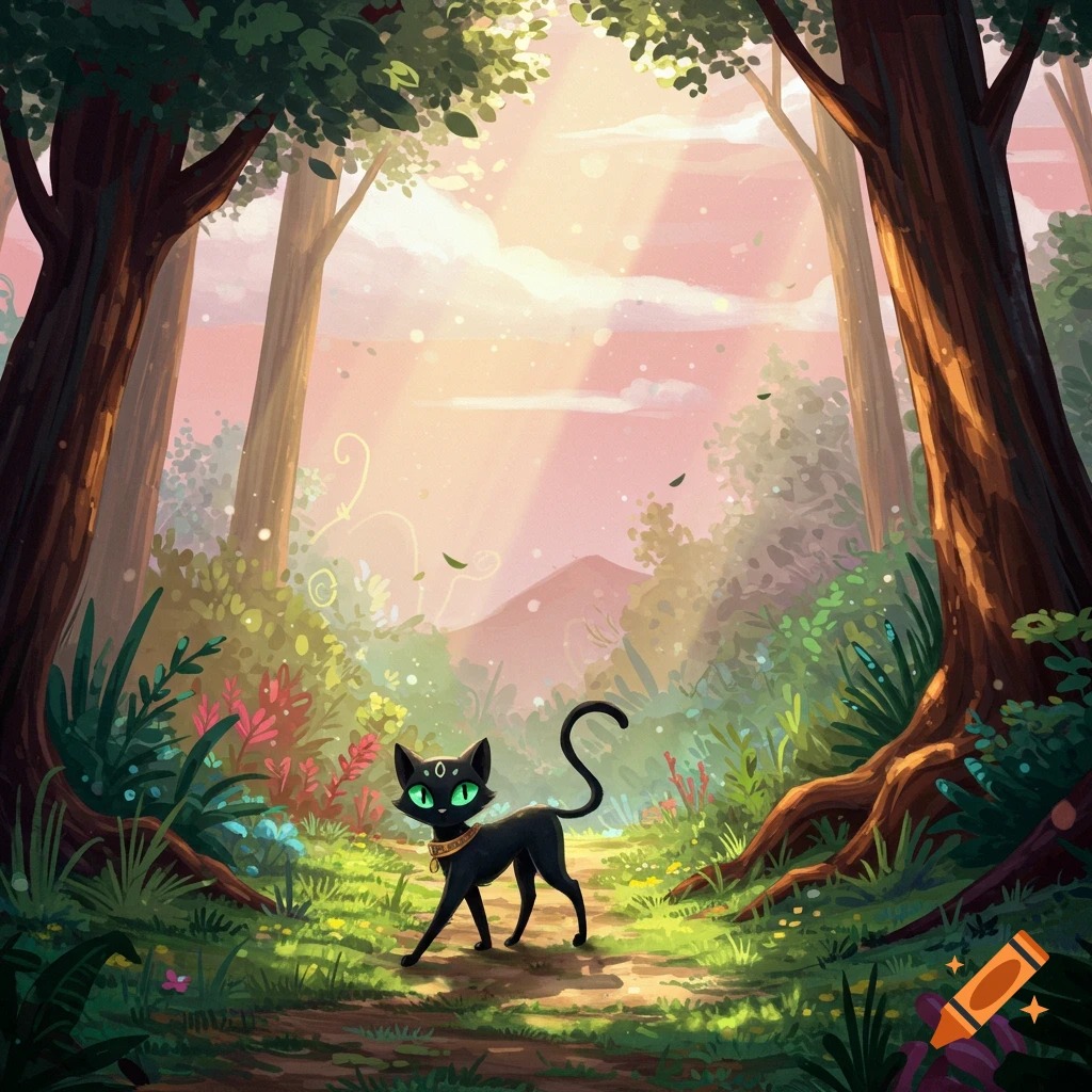 A black cat walks on a path through a sunlit mystical forest.